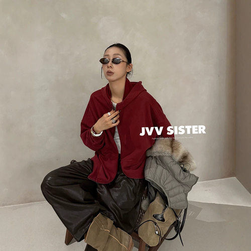 JVV十三行2026冬季新款宽松连帽松弛感纯色卫衣休闲外套女潮73067