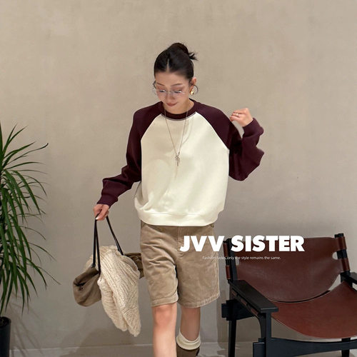 JVV十三行2026秋冬新款美式复古撞色宽松上衣百搭休闲卫衣女73125