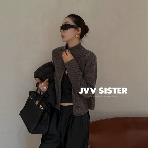 JVV十三行2026冬季新款简约立领羊毛针织上衣百搭毛衣外套女91392