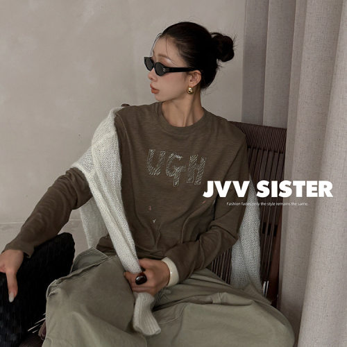 JVV十三行2026秋季新款美式复古字母印花休闲上衣长袖T恤女91312