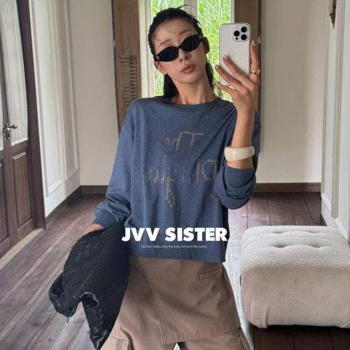 JVV十三行2026秋季新款美式复古做旧字母印花上衣长袖T恤女01252