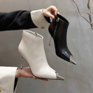 高品质时尚性感欧美尖头细跟高跟短靴女金属头胎牛皮时装女靴真皮