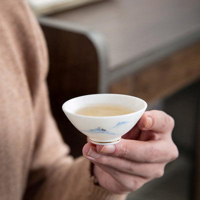 羊脂玉山水斗笠杯单杯德化白瓷品茶杯个人茶杯功夫茶具陶瓷品茗杯