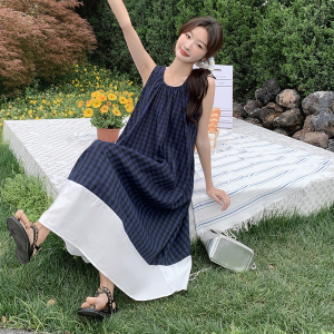 法式甜美森系格纹背心连衣裙女2025夏季新款韩版宽松显瘦撞色长裙图片