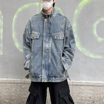 立领机车风牛仔夹克男款春秋季美式vibe工装休闲宽松水洗重工外套