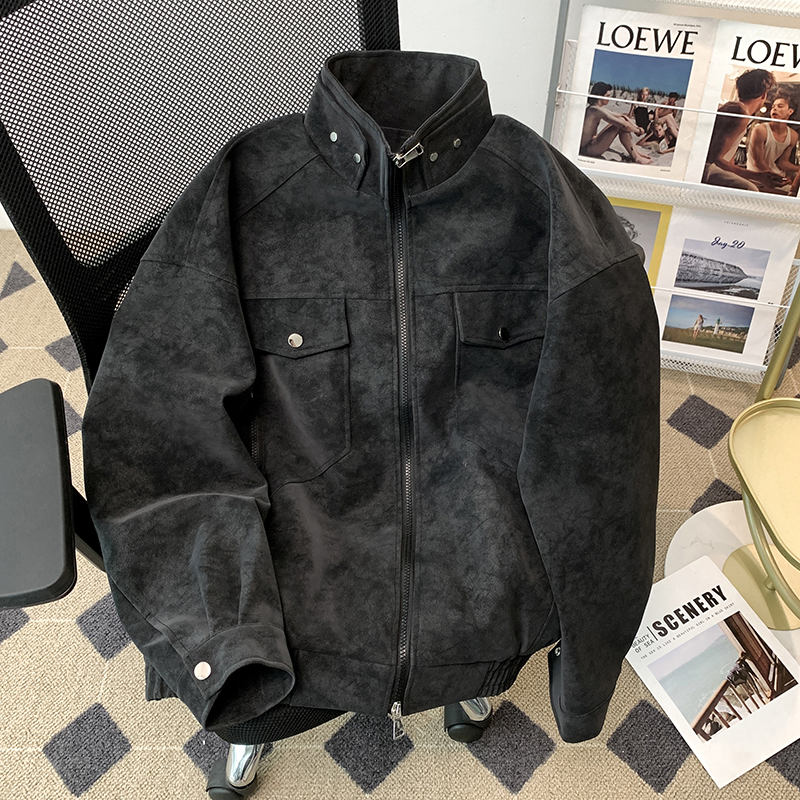 cleanfit春秋季棒球服短款男装美式复古休闲pu皮夹克上衣工装外套