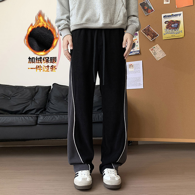 加厚灯芯绒解构休闲裤男生冬季直筒宽松工装风运动加绒卫裤青少年