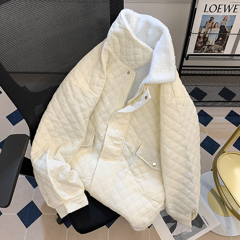 菱形格轻奢短款翻领羽绒棉衣男女冬季羊羔毛棉服高级感外套棉袄子