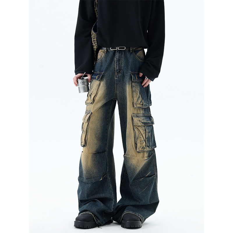 重工多口袋废土风工装牛仔裤男女美式高街宽松褶皱感阔腿长裤做旧