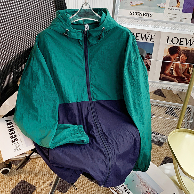 潮流撞色拼接连帽冰丝皱防晒衣男女山系户外登山服夹克冲锋衣外套