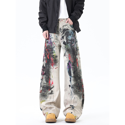 做旧复古涂鸦弯刀牛仔裤男款街头脏脏风直筒宽松阔腿长裤青少年潮