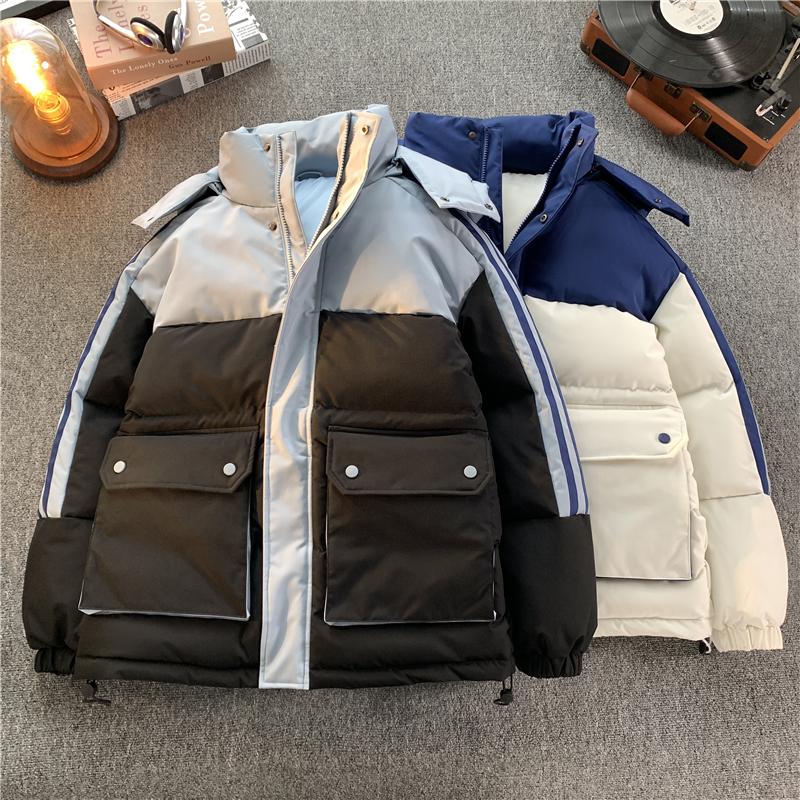 2024冬季拼接条纹羽绒棉服男女款宽松保暖面包服韩版加厚棉衣连帽