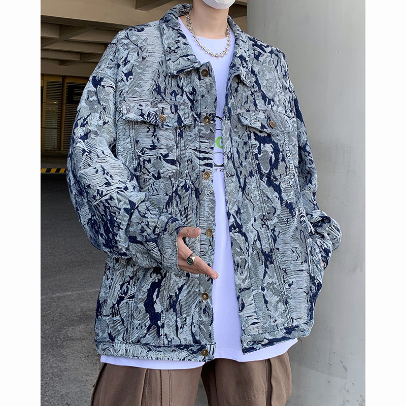 小众破坏风流苏花卉牛仔外套男女百搭美式设计感宽松水洗夹克上衣