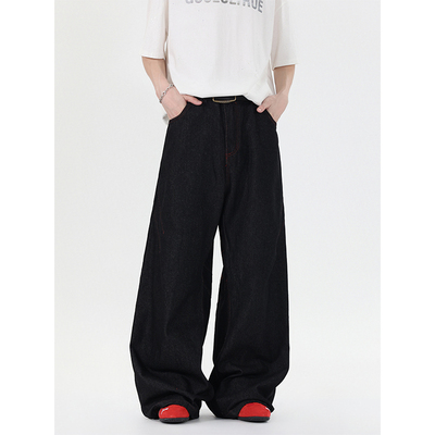 复古黑色直筒牛仔裤男女微喇夏季2025宽松阔腿拖地cleanfit弯刀裤