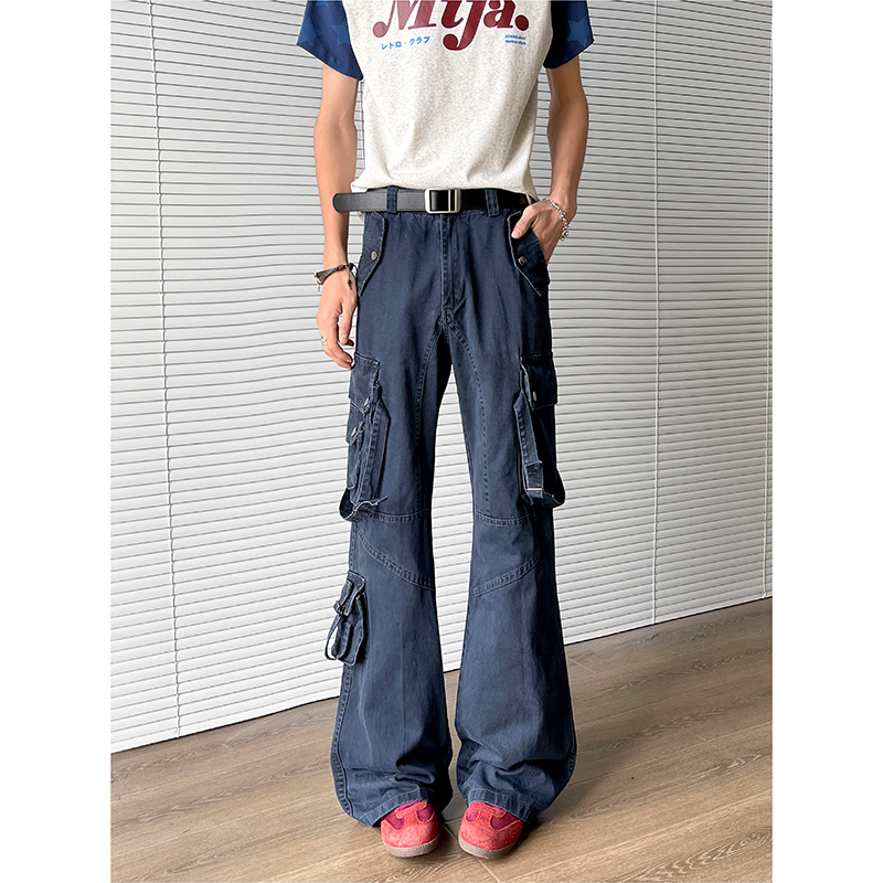重磅vibe多口袋绑带工装牛仔裤男款宽松直筒阔腿拖地长裤机能拼接
