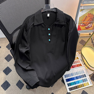 美式 白色长袖 秋季 体恤男款 复古翻领t恤设计感v领套头上衣服 Polo衫