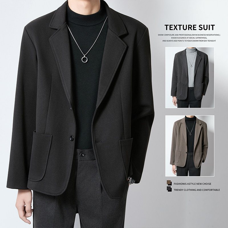 轻熟风抗皱毛呢西装外套男士秋冬季高级感免烫呢子韩版休闲小西服