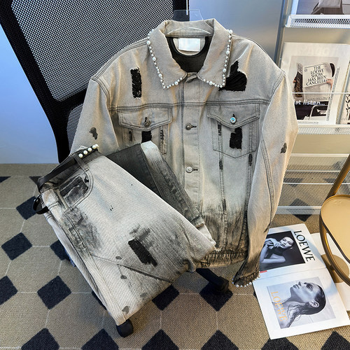 解构廓形牛仔夹克外套男女套装扎染压褶珍珠腰带弯刀牛仔裤两件套