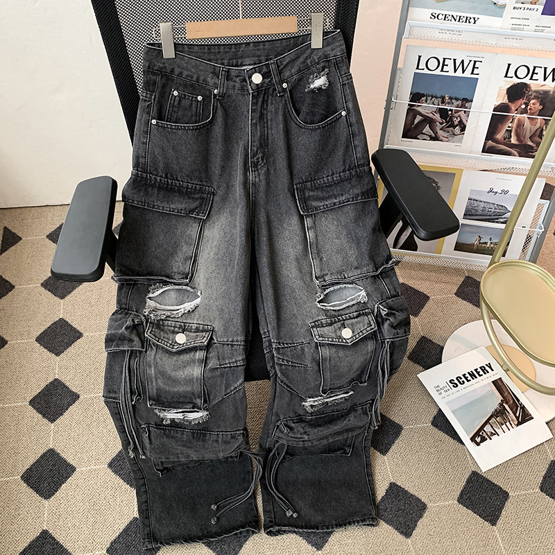 街头重工多口袋伐木工装裤男女微喇设计感破洞毛边宽松阔腿牛仔裤