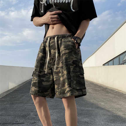 街头迷彩工装短裤男生夏季潮牌嘻哈直筒宽松青少年阔腿五分休闲裤