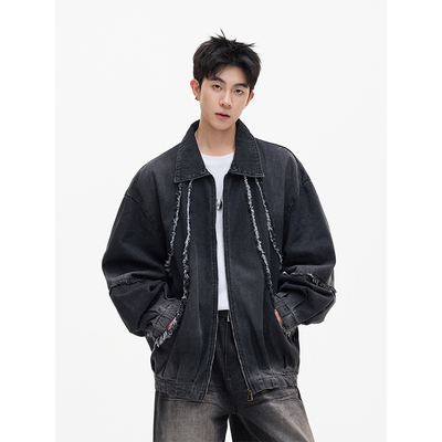 重工水洗毛边拼接牛仔外套男装小众嘻哈cleanfit解构垫肩夹克做旧