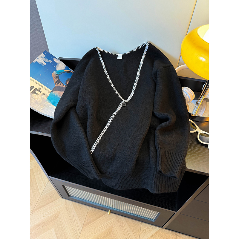 斜襟V领长袖毛衣男款秋冬季设计感撞色针织衫潮流vintage宽松线衣