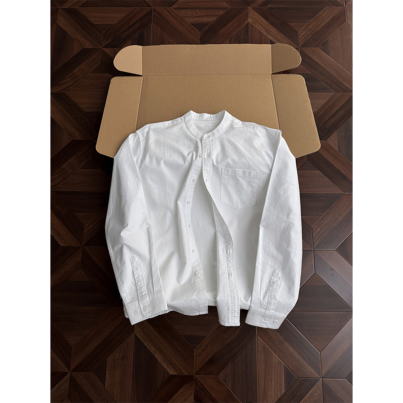 时尚立领白色衬衫男士春秋简约宽松高级感纯色内搭休闲开衫衬衣潮