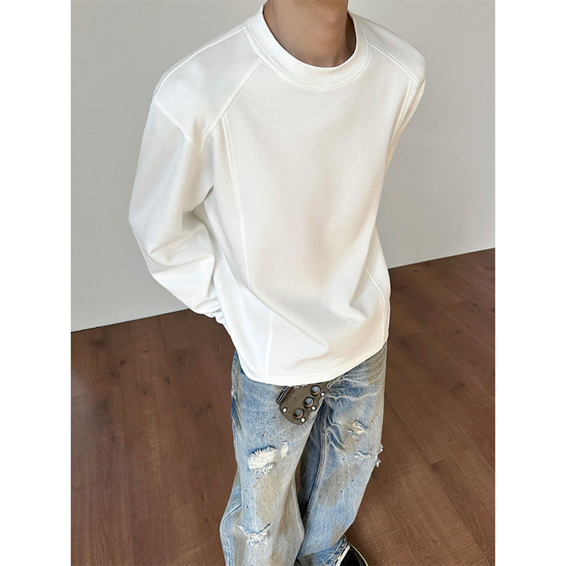 白色正肩小领口长袖t恤男款秋冬重磅cleanfit卫衣内搭打底衫美式