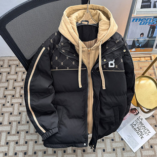冬季假两件撞色羽绒棉服男款防寒加厚保暖棉袄短款宽松面包服棉衣