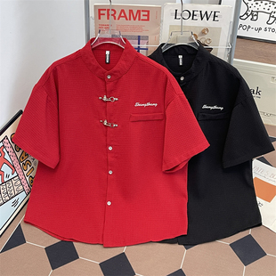 宽松ins潮衬衣半截袖 男生立领夏季 宽松百搭 衬衫 国风金属扣短袖