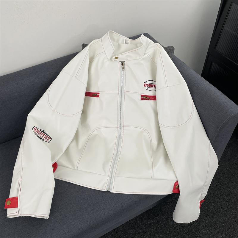 美式高级感机车服垫肩刺绣PU皮衣男装短款棒球服夹克外套运动休闲