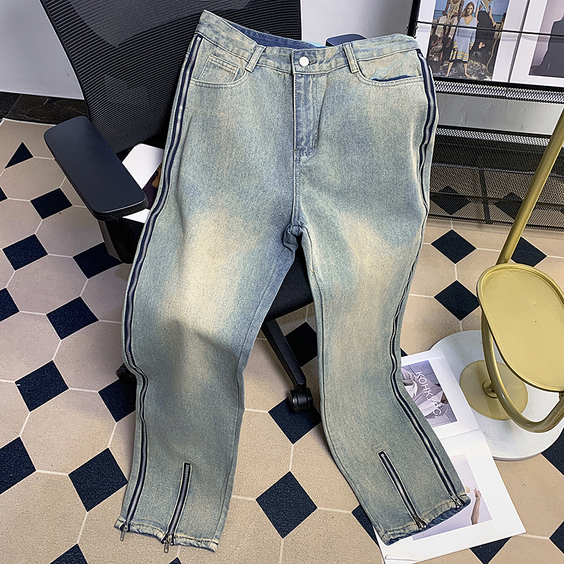 黄泥色牛仔裤男生侧边拉链设计感高级阔腿美式vibe高街宽松直筒裤