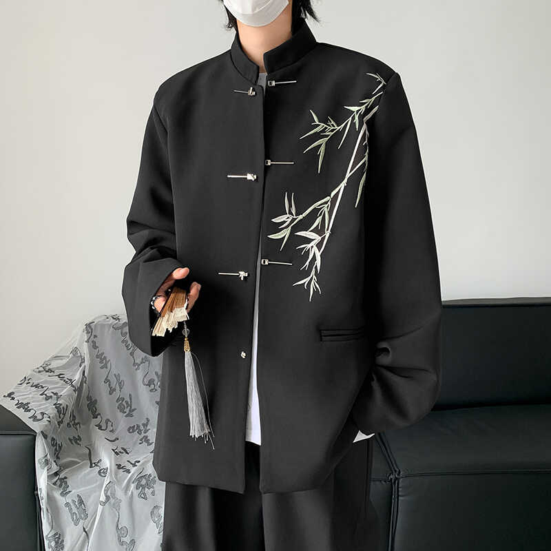 国风刺绣新中式夹克男装垫肩飞机扣中山装高级感春秋唐装立领西服