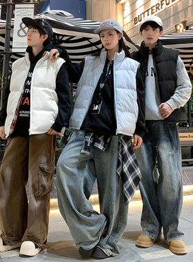 cleanfit蓝色格子内衬立领棉马甲男女秋冬保暖双面穿无袖坎肩外套