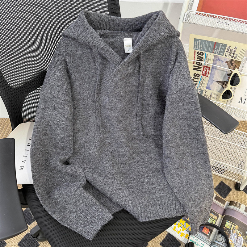 深灰色连帽亨利领毛衣男款秋冬季套头带帽长袖针织卫衣高级感外套