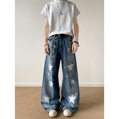 美式星星印花涂鸦牛仔长裤男女街头hiphop水洗弯刀做旧阔腿裤直筒