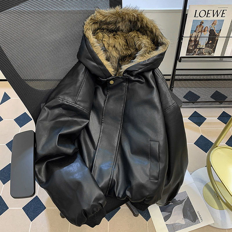 PU皮毛一体机车短款外套男装冬季美式痞帅皮衣加厚连帽夹克棉袄子