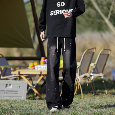 复古水洗泼墨牛仔裤男生微喇宽松直筒松紧腰抽绳阔腿vibe风拖地裤