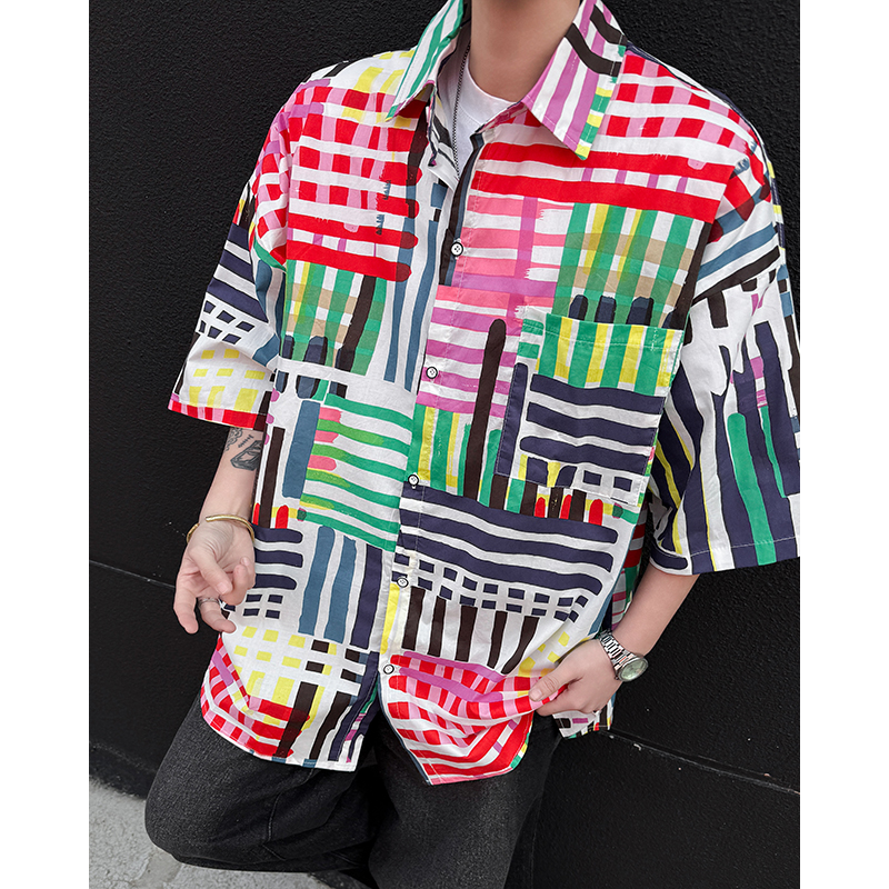 2025新款彩色条纹短袖衬衫男女夏季薄款ins潮牌休闲衬衣撞色宽松