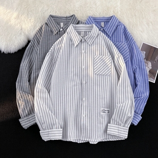 春秋竖条纹长袖衬衫男士宽松潮流帅气休闲高级垂堕感口袋衬衣
