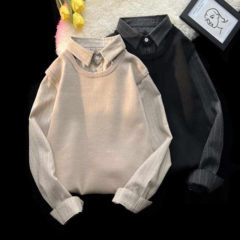 轻熟风修身假两件针织衫毛衣男士休闲宽松毛衫拼接衬衫领上衣外套