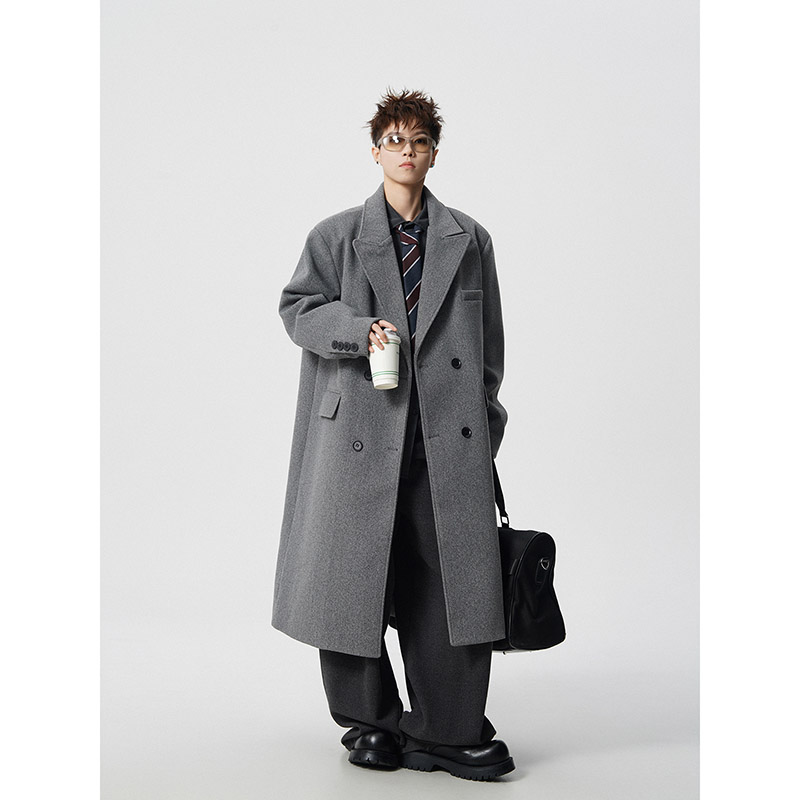 冬季英伦风中长款韩系加厚毛呢大衣男装痞帅过膝双排扣风衣外套潮