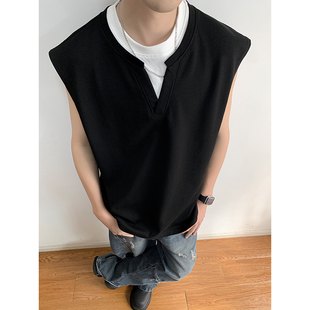 t恤 坎肩无袖 重磅假两件纯棉v领背心男生夏季 设计感上衣运动风美式