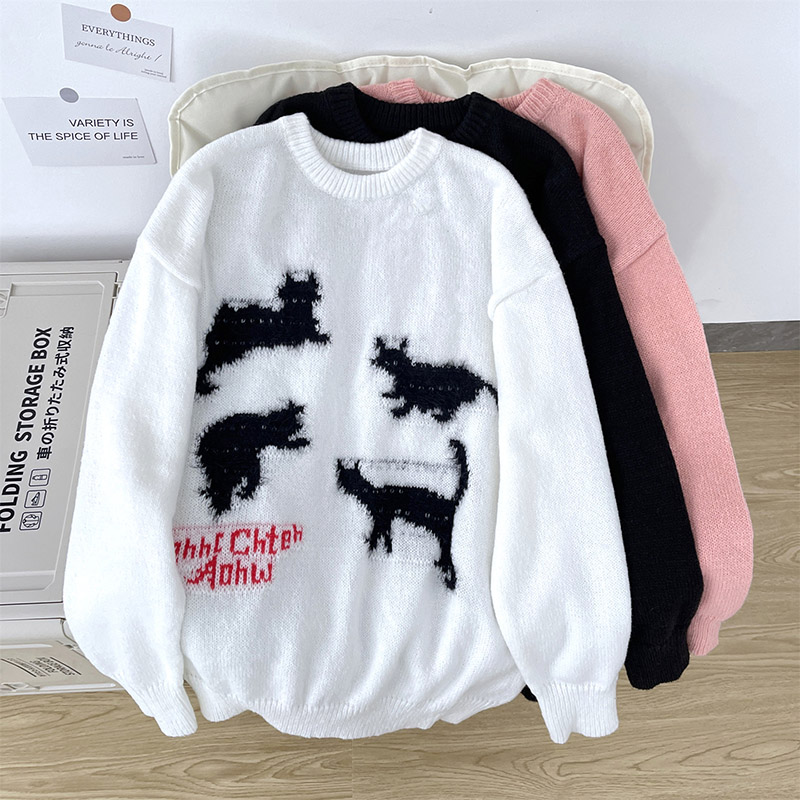 潮牌趣味卡通猫咪加厚鹿毛绒圆领针织衫男女秋冬宽松情侣套头毛衣