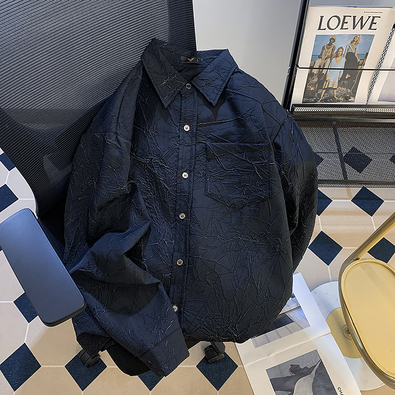 褶皱痞帅小众春秋季休闲长袖衬衣