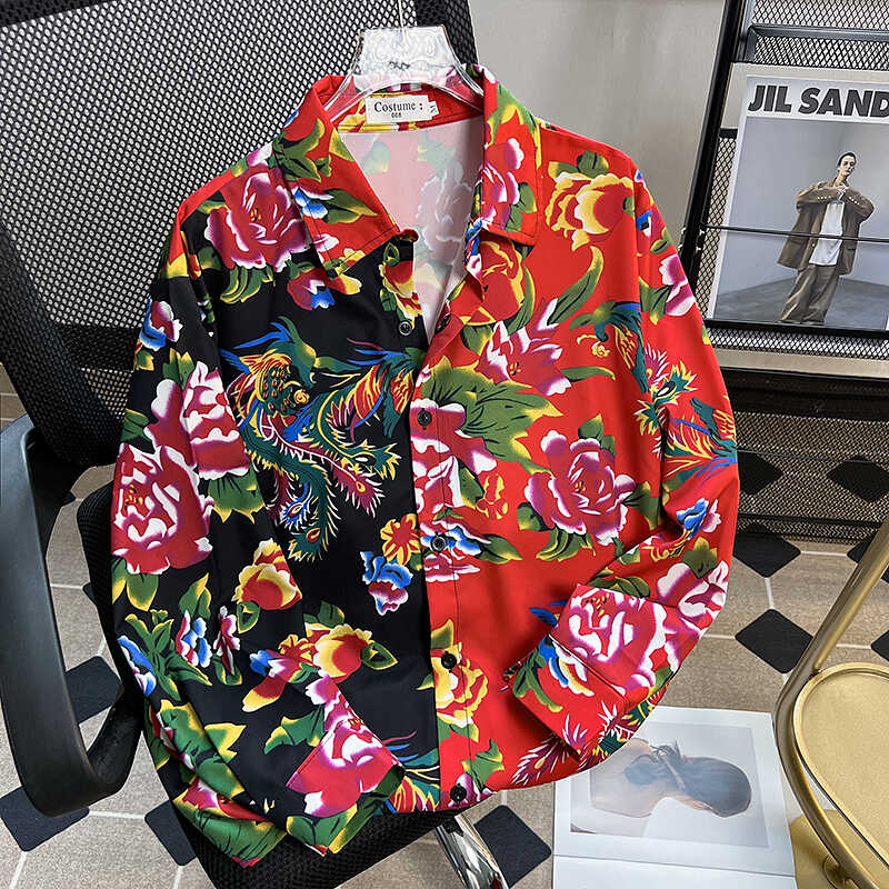 东北大花布拼接衣服衬衫男装长袖2024夏季中国风设计垂感冰丝衬衣