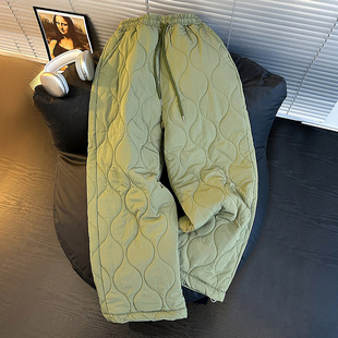 轻薄夹棉加厚长裤 系带松紧腰直筒裤 男女冬季 纯色葫芦压线羽绒棉裤