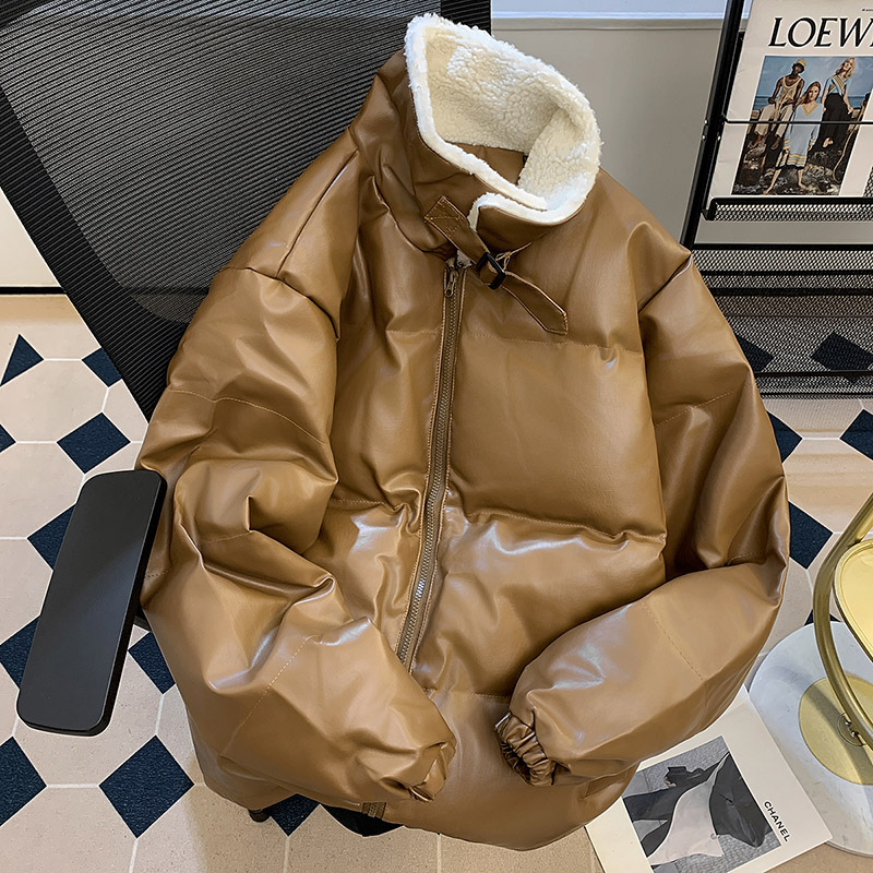 加厚pu皮羽绒棉衣男女冬季2025新款羊羔绒棉服外套宽松面包服棉袄