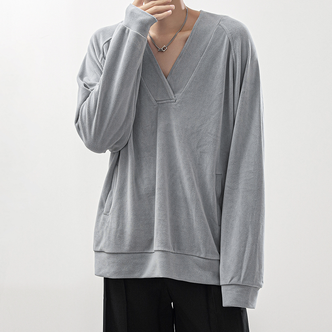 重磅纯棉v领长袖卫衣男女款春秋季宽松休闲百搭t恤打底衫上衣体恤