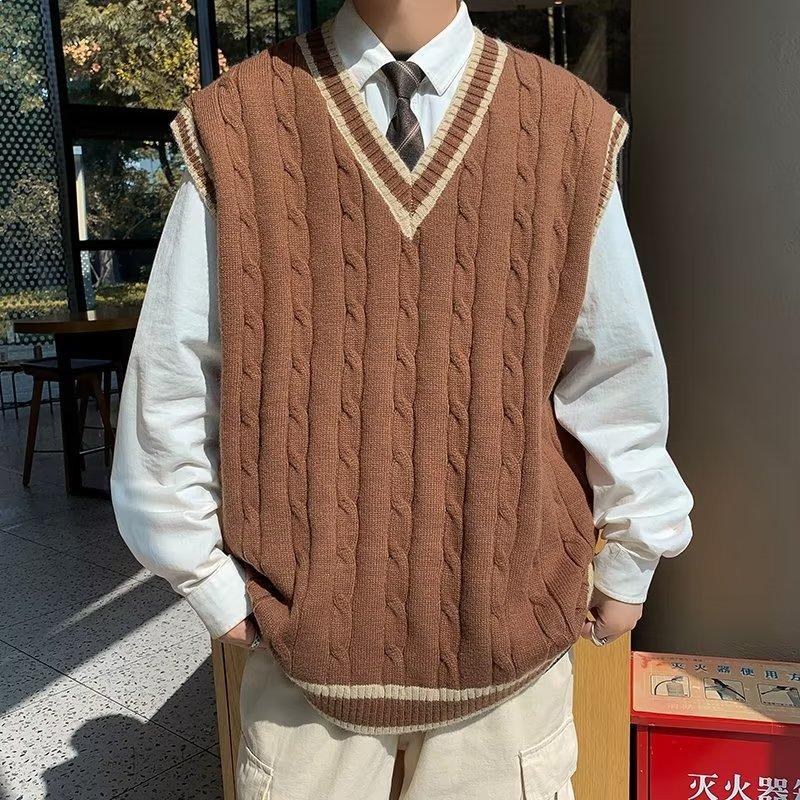针织撞色马甲男宽松春秋无袖麻花毛衣V领背心ins坎肩潮流叠穿外搭